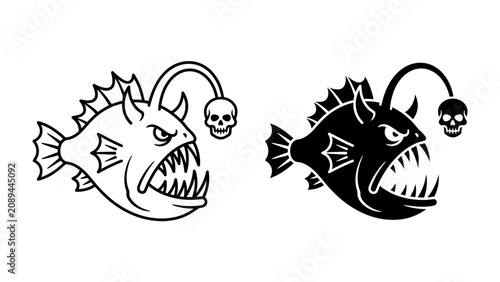 Φωτογραφία Anglerfish with Skull Lure: A fearsome anglerfish illustration, featuring sharp teeth, spiky fins, and a bioluminescent lure shaped like a skull, ready to attract its prey in the dark abyss