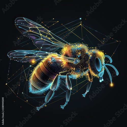 A digital rendering of a honeybee with glowing lights and a geometric background.