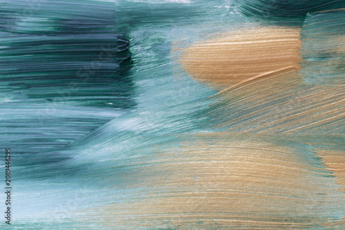 Bild auf Leinwand Elegant emerald green abstract acrylic background featuring expressive gold brush strokes and rich painterly texture