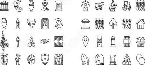 Obraz na płótnie Ancient Greece mythology and rural agriculture line icon set featuring greek tem