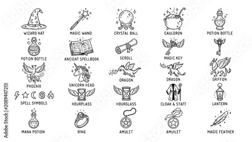 Obraz na plátně Magical fantasy icons set with witchcraft and wizardry elements
