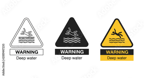 Warning deep water sign vector icon set: Icon set - Minimalist, flat icon, outline, glyph, linear, clipart, sticker 