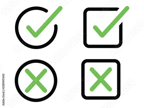 Check Mark and Cross Icon Set, Circle and Square Tick X Symbol Line Icons
