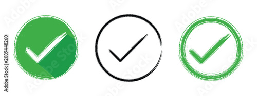 Vintage Check Mark Icon Set Vector, Grunge Brush Style Tick Symbol Circle Collection