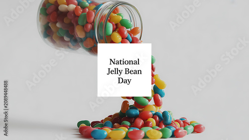 Colorful jelly beans spilling from a glass jar on a white background with text overlay for National Jelly Bean Day