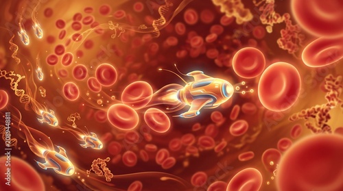 Spaceship-like nanobots flying through bloodstream with DNA