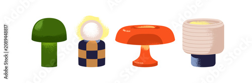 Night table lamps in modern retro design style, set. Cozy home decor, light d...