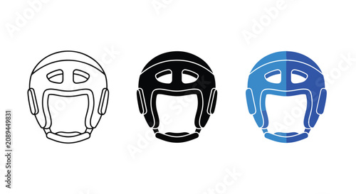 Boxing headgear safety helmet icon set: Icon set - Minimalist, flat icon, outline, glyph, linear, clipart, sticker 