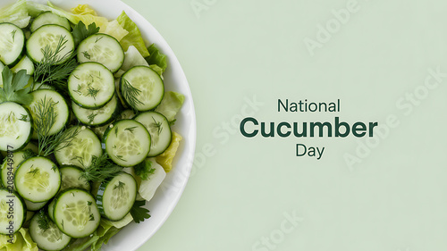 Fresh cucumber slices arranged on a bed of lettuce in a white bowl, celebrating National Cucumber Day