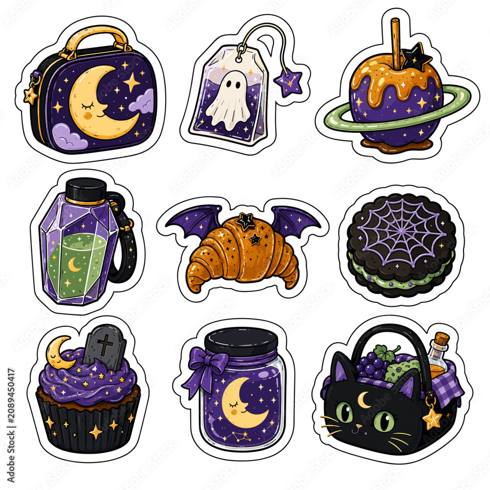 Fototapeta premium Celestial Halloween Food Sticker Icon Set with Moon Lunchbox, Bat Croissant and Black Cat Basket