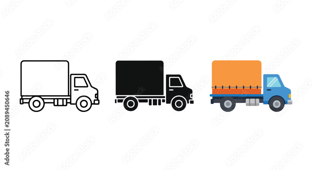 Naklejka premium Cargo delivery truck vector icon set: Solid vector icons - Clipart, sticker - icon set - Editable modern style icon