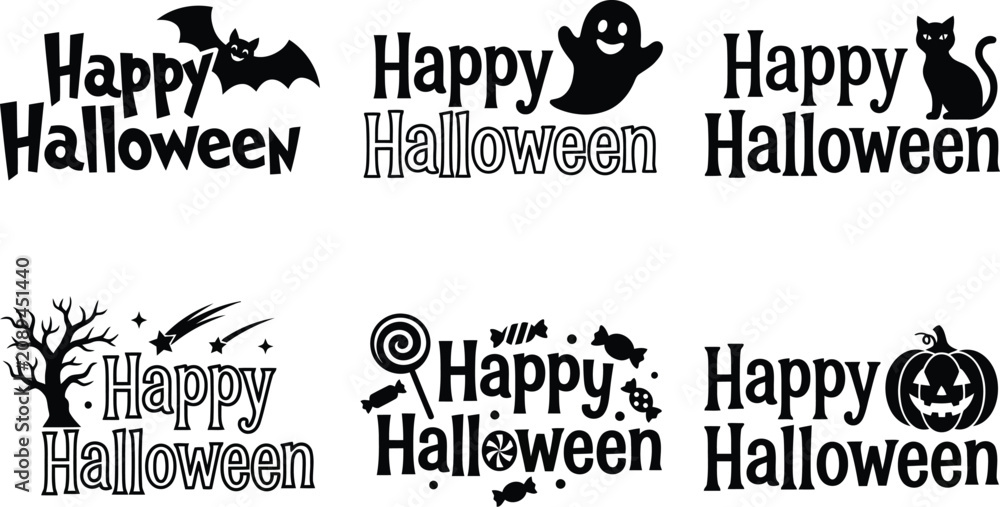 Obraz premium Halloween typographic designs with bat ghost and pumpkin vector illustrations