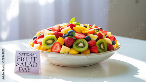 A colorful fruit salad in a white bowl with a sign reading 'National Fruit Salad Day' on a bright table.