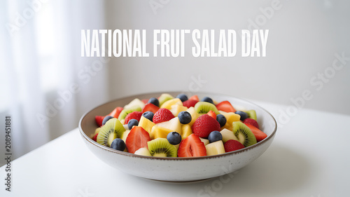 A colorful fruit salad in a bowl, featuring strawberries, kiwi, blueberries, and pineapple, displayed on a white table with text reading 'National Fruit Salad Day'.