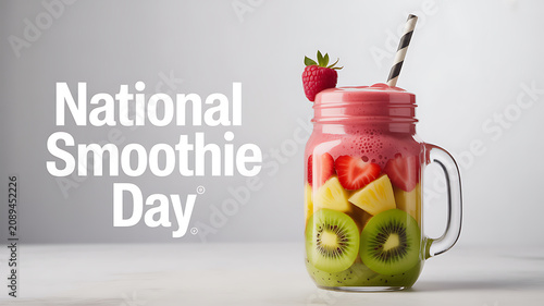 A colorful fruit smoothie in a mason jar with kiwi, strawberry, and pineapple, celebrating National Smoothie Day