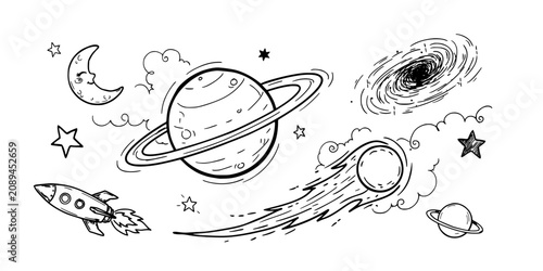 Planet Illustration in Whimsical Black-and-White Line Art Style with Rockets, Stars, Moons, and Orbit Motion