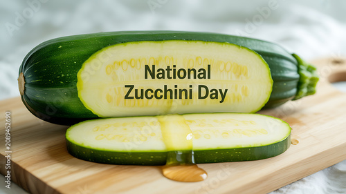 National Zucchini Day celebrated with fresh sliced zucchini on a wooden cutting board