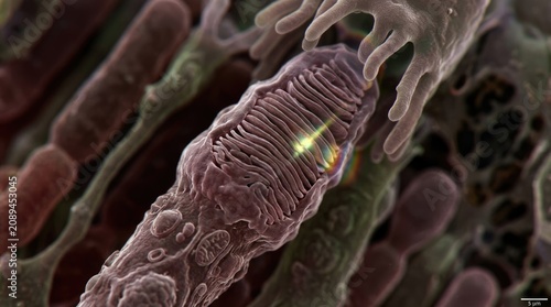 Eye photoreceptor cell outer segment showing membranous disc structure, microscopic view of retinal sensory receptor, biological magnification demonstrating light sensitive visual organelle.
