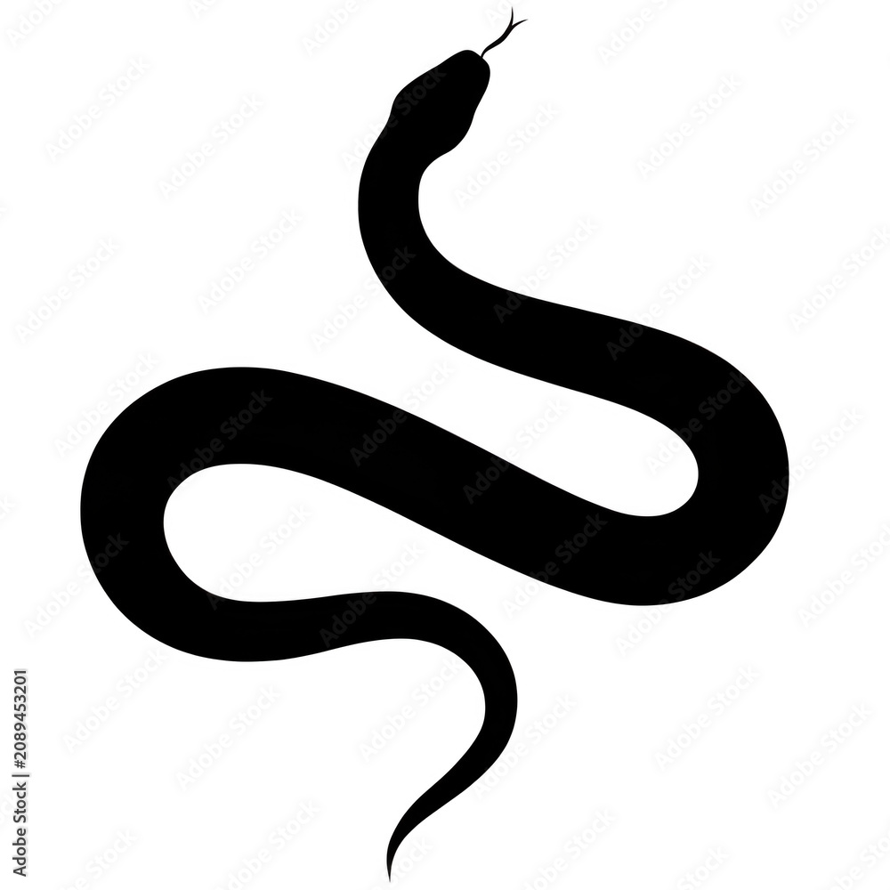 Fototapeta premium Black coiled serpent silhouette with flicking tongue during a calm moment isolated on transparent background
