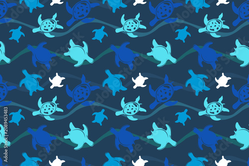 Deep ocean seamless pattern of stylized sea turtles and abstract water waves in a cool palette of blue and teal. Ideal for marine textiles, summer swimwear, and coastal designs.
