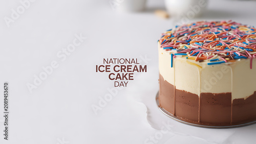 A layered ice cream cake with colorful sprinkles and chocolate drizzle, celebrating National Ice Cream Cake Day