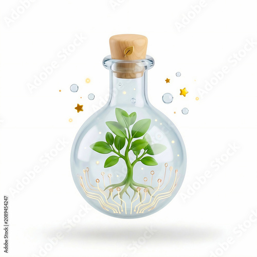 3D green tech lab flask icon with growing smart tree and golden microcircuitry for sustainable biochemistry, eco technology startup concept, bioengineering claymorphism isolated on white background