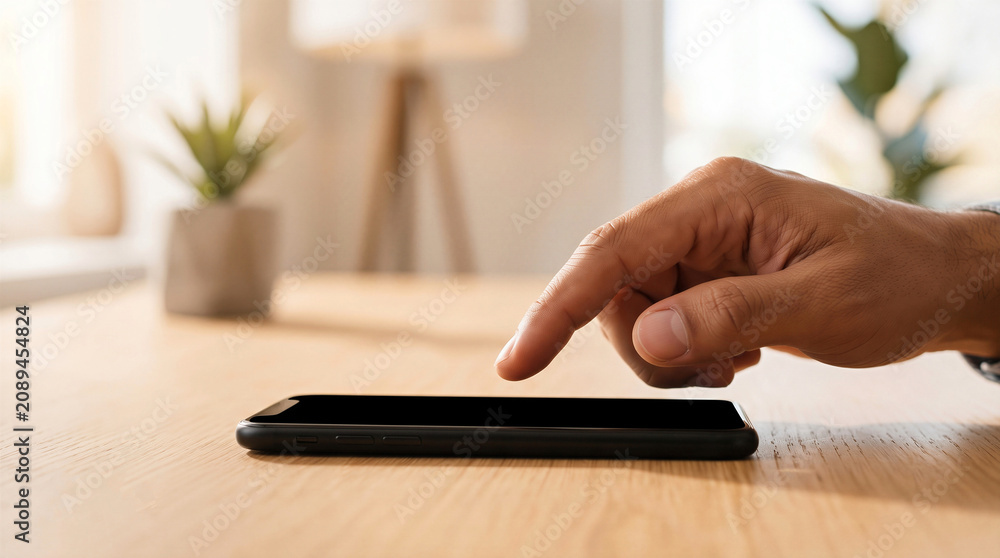 Fototapeta premium Close-up of a person's hand touching a smartphone screen on a wooden table