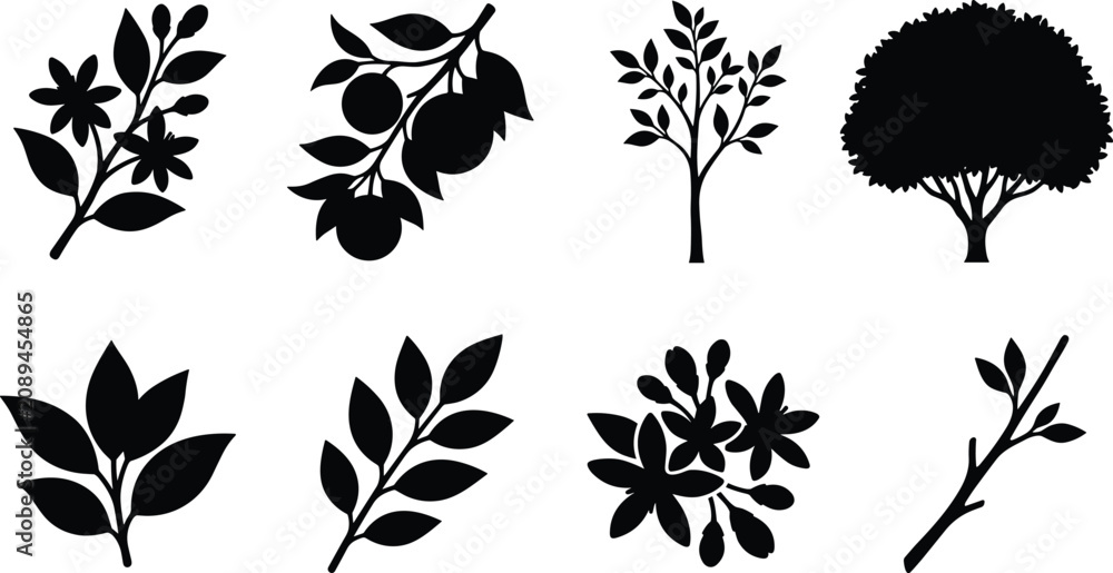 Fototapeta premium Set of black silhouette icons featuring orange tree, leaves, citrus fruit, and blossoms for organic designs
