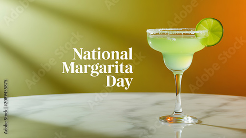 A margarita cocktail garnished with a lime slice on a marble surface, celebrating National Margarita Day