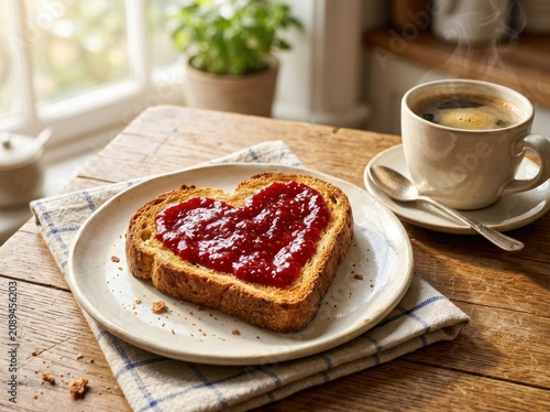 Heart Shaped Toast With Jam and Coffee Breakfast Scene.