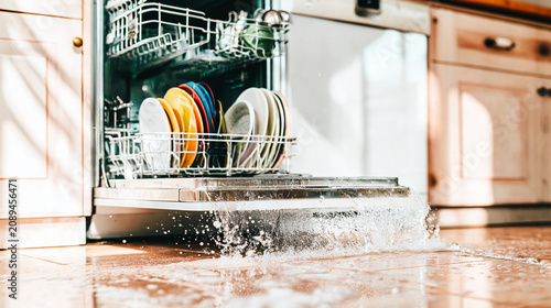 Dishwasher door open with water flowing onto kitchen floor  