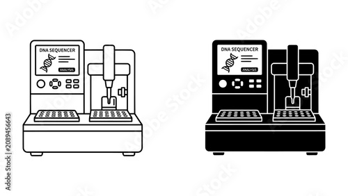 Foto DNA Sequencer Machine: A modern DNA sequencer machine, depicted in both outline and silhouette, ready for genetic analysis and research