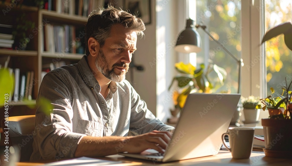Fototapeta premium Man Working in Warm Sunlit Home Office Workspace with Laptop and Plants