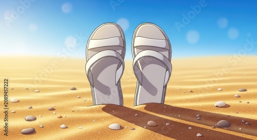 Pair of Sandals Sinking into Warm Sandy Beach Under Bright Blue Sky.