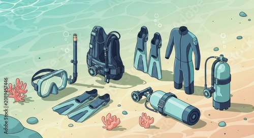 Scuba Diving Equipment Laid Out on Sandy Beach for Underwater Adventure.