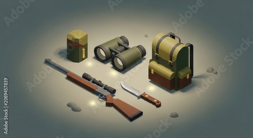 Survival Gear Collection Rifle Binoculars Knife Backpack and Canteen.