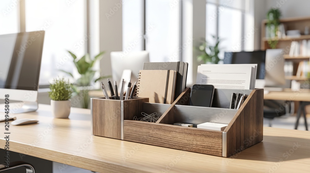 Fototapeta premium Organized desk organizer with office supplies by a bright window, workspace organization, productivity, modern office, business efficiency.
