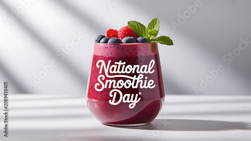 A vibrant red smoothie in a glass cup topped with berries and mint, featuring 'National Smoothie Day' text.