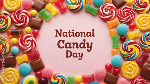 National Candy Day celebration with colorful candies arranged in a circular frame on a pink background