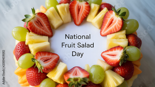 National Fruit Salad Day celebration with a colorful arrangement of strawberries, grapes, and pineapple in a circular pattern.