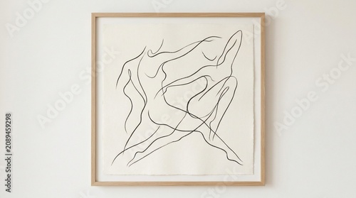 Minimalist abstract line art of dancing figures in wooden frame