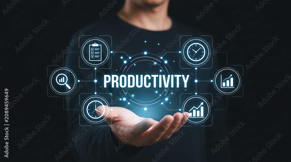 Obraz premium Man holding glowing productivity symbol for business optimization
