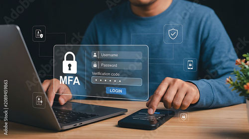 Man using multi factor authentication MFA verification login on laptop