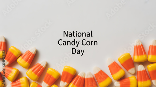National Candy Corn Day celebration with colorful candy corn arranged in a semi-circle on a white background