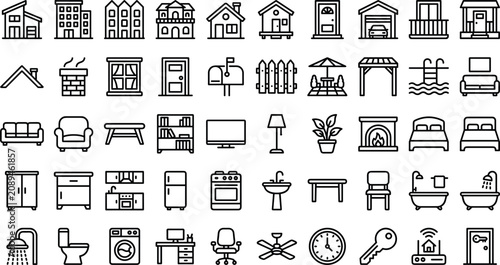 Foto House construction and home interior line icon vector set featuring residential