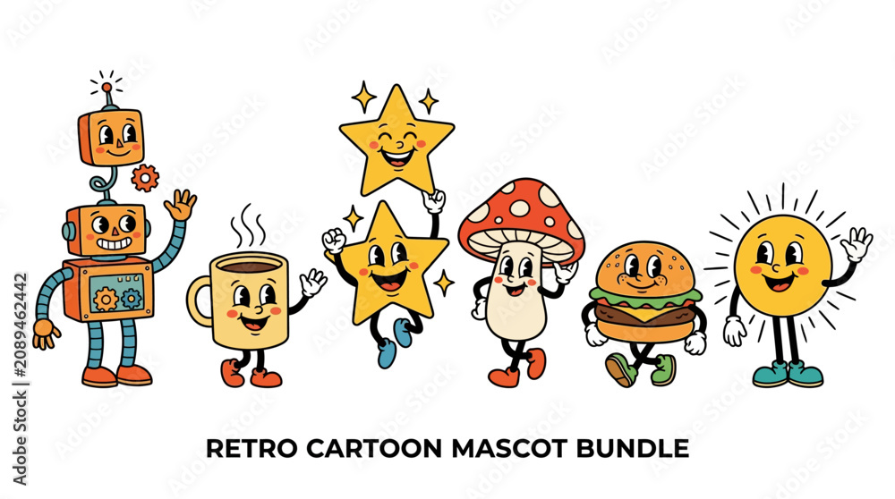 Fototapeta premium Retro Cartoon Mascot Bundle with Whimsical Characters.