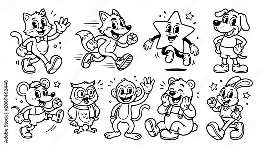 Obraz premium Set of eight charming cartoon characters in a retro rubber hose style, featuring various animals and a star.