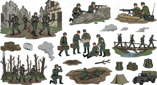 Canvastavla Military soldiers in World War II combat uniforms set with infantry fighting, tr