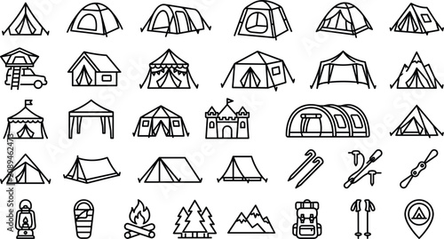 Obraz na płótnie Minimalist camping tent types line icon set featuring dome tents rooftop car cam
