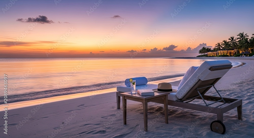 Fototapeta premium Tropical beach sunset with lounge chairs on sand.